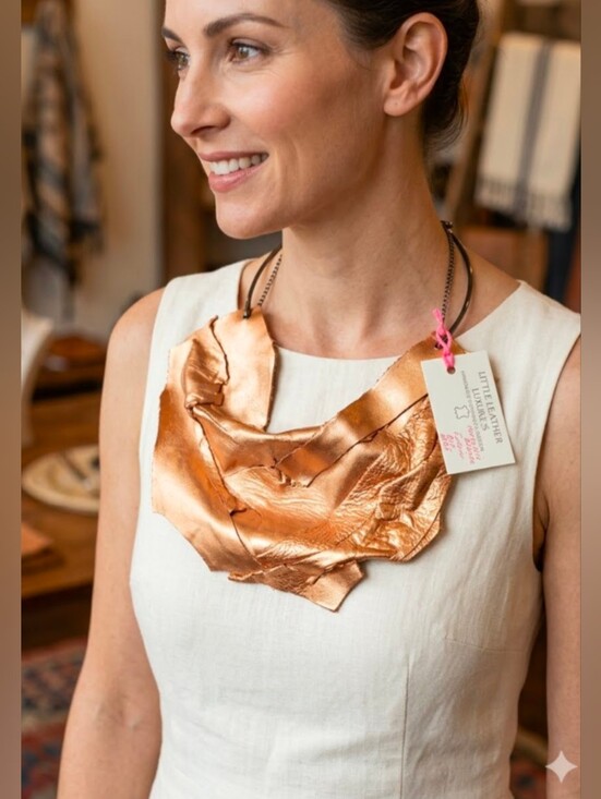 Hand Crafted Jewelry - Handmade Genuine Leather Bib Statement Necklace Cream Gold #05